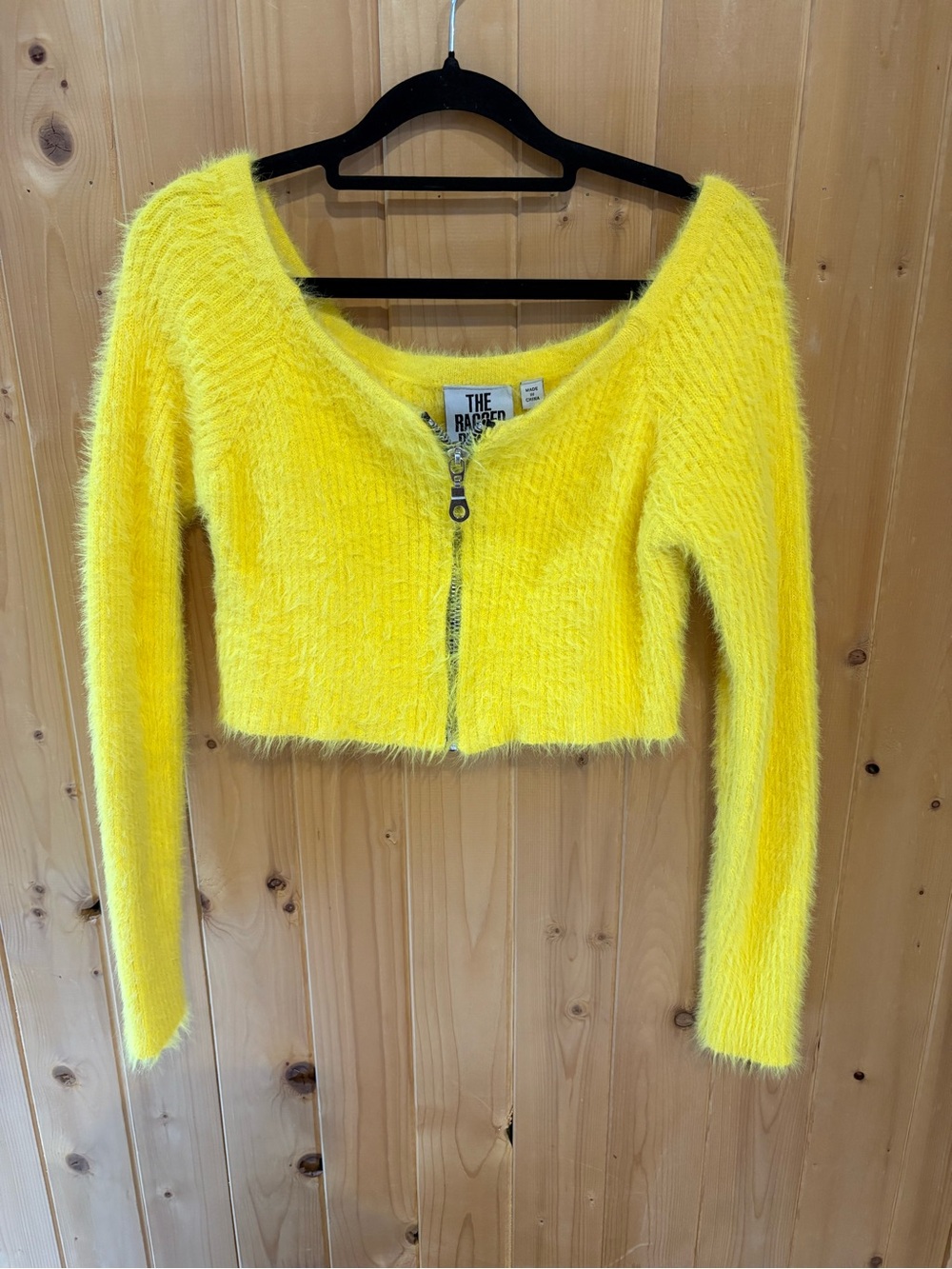 Cropped Fuzzy Zip-Front Cardigan in Bright Yellow